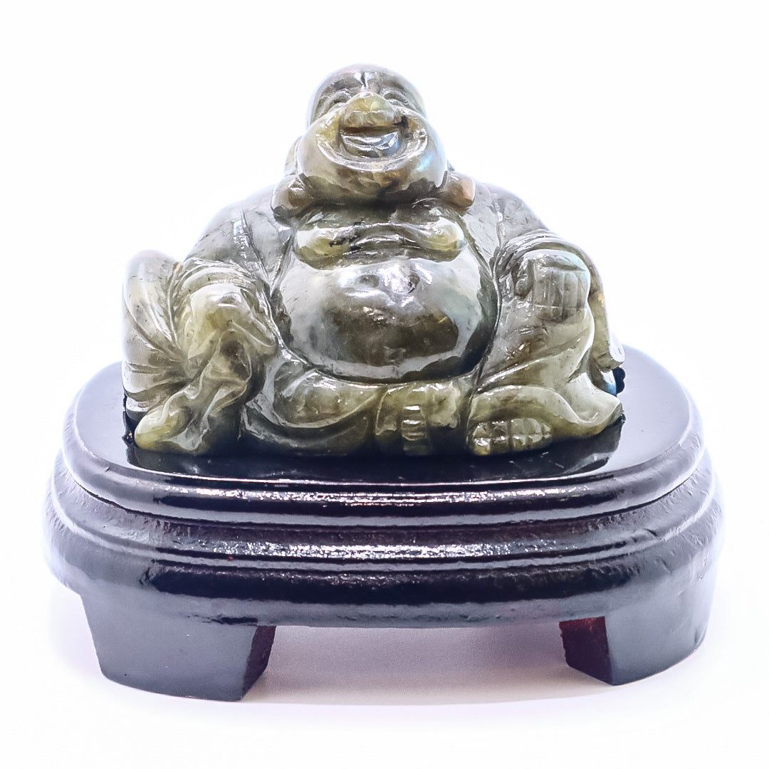 Large Labradorite Buddha Carving with Wooden stand