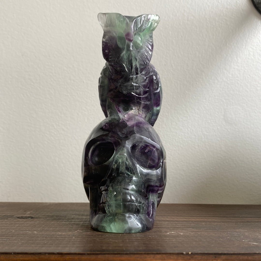 Fluorite Skull with Owl